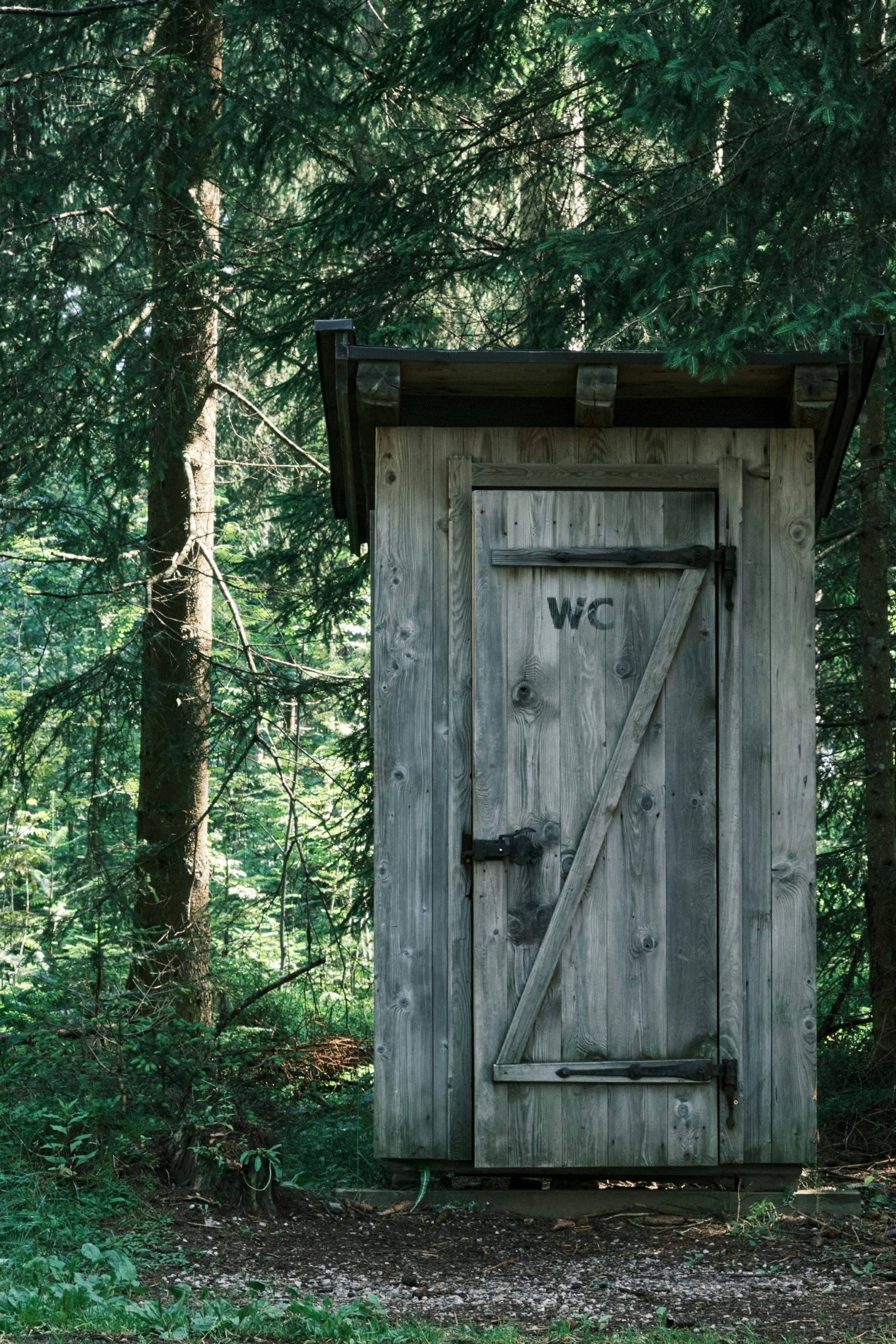 Kleines Toilettenhäusen aus Holz, im Wald.